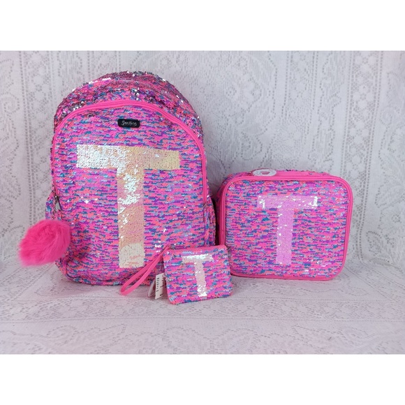 sequin backpack with initial